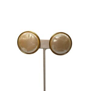 Vintage Signed Les Bernard Gold‎ Tone Faux Pearl Half Dome Big Clip-On Earrings